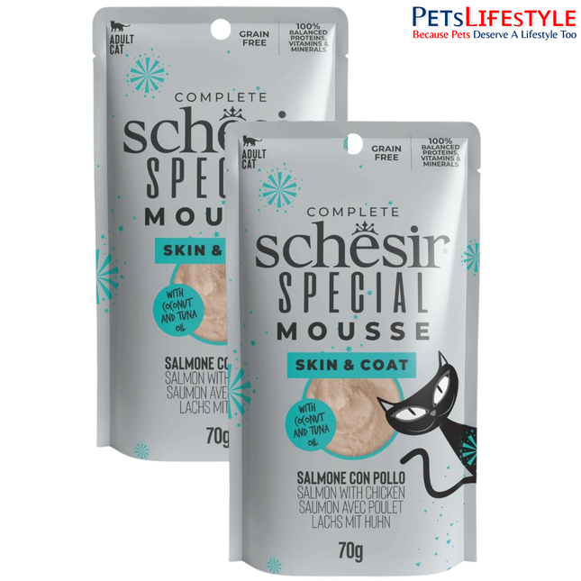 Schesir Special Skin & Coat Cat Mousse, Salmon – High Nutrition, Omega-3 Rich, Grain-Free, Premium Wet Food for Skin & Coat Health, 70g