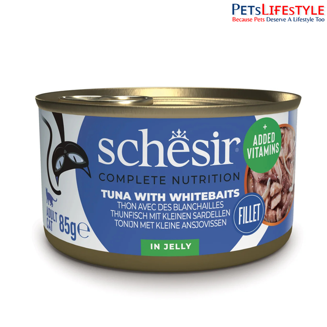 Schesir Tuna with Whitebaits Wet Food for Adult Cats, Natural Fish Fillets in Jelly, High Protein Cat Food, 85 Grams