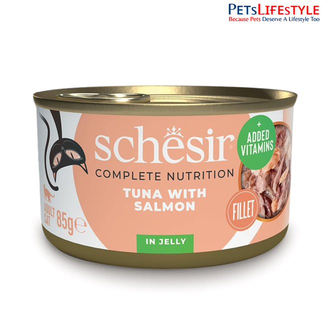 Schesir Tuna with Salmon Wet Food for Adult Cats, Natural Fish Fillets in Jelly, High Protein Premium Cat Food, No Artificial Preservatives, 85 Grams