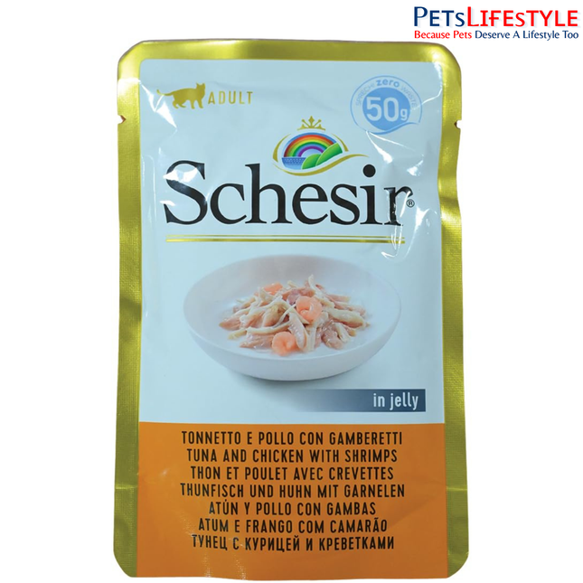 Schesir Chicken with Shrimp Adult Cat Food, Fillets in Jelly Wet Cat Food, Grain Free Complementary Meal with Natural Ingredients for Adult Cats, 50 gm