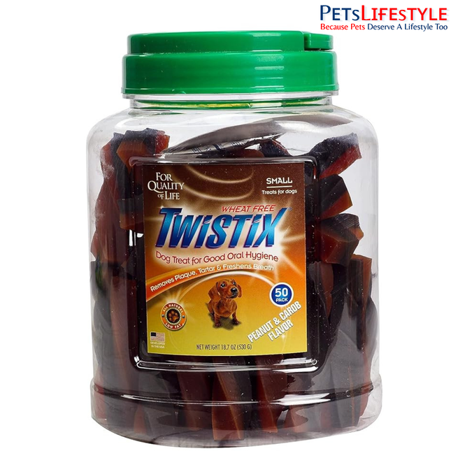 Twistix Peanut & Carob Flavor Twisted Dental Treats Canister for Dogs – Wheat Free Dental Chews 530g