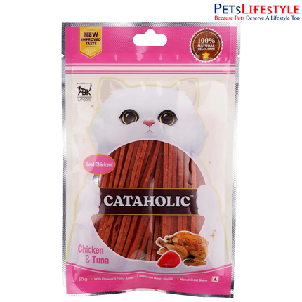 Cataholic Chicken & Fish Treats for Cats and Kittens | High Protein, Easily Digestible & Healthy Snack | Ideal Training Reward Treat for All Breeds | Chicken & Tuna Sliced, 50 gm