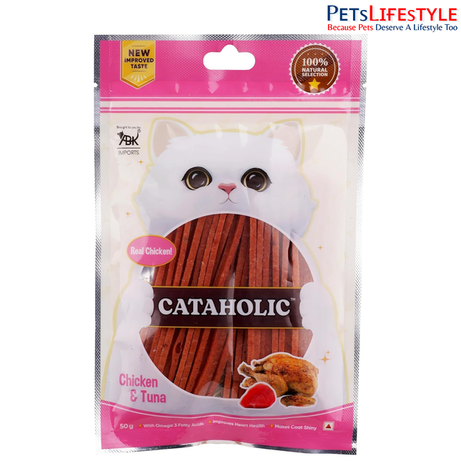 Cataholic Chicken & Fish Treats for Cats and Kittens | High Protein, Easily Digestible & Healthy Snack | Ideal Training Reward Treat for All Breeds | Chicken & Tuna Sliced, 50 gm