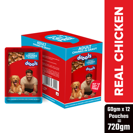 Drools Adult Wet Dog Food, Real Chicken and Chicken Liver Chunks in Gravy,10 Pouches + 2 Pouches Free (12 x 60g )