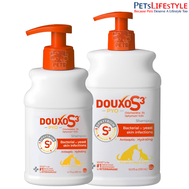 DOUXO S3 PYO shampoo 200 ml and 500 ml bottles