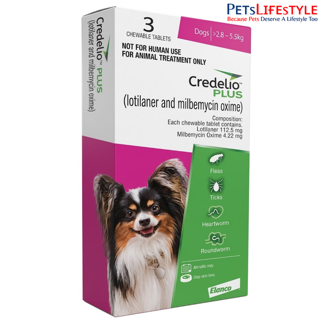 Elanco Credelio PLUS 112.5 mg chewable tablet for dogs weighing 2.8 to 5.5 kg monthly tick flea worm and heartworm protection