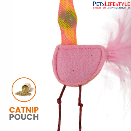 FOFOS Flick Tube Flamingo catnip cat toy close-up showing feathers