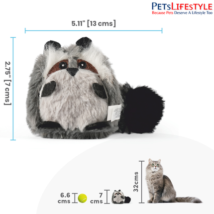 FOFOS Floppy Crinkle Raccoon cat toy packaging front with product details