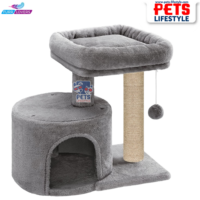 Compact Cat Tree with Scratching Post, Condo & Dangling Toy Ball – Plush Fabric (Small Space Friendly)