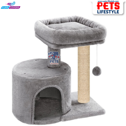 Compact Cat Tree with Scratching Post, Condo & Dangling Toy Ball – Plush Fabric (Small Space Friendly)