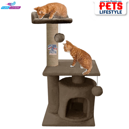 FURRLOVERS Soft Fur Activity Cat Tree – Two-Floor Tower with Natural Sisal Rope Scratching Posts (Height 33 Inch)