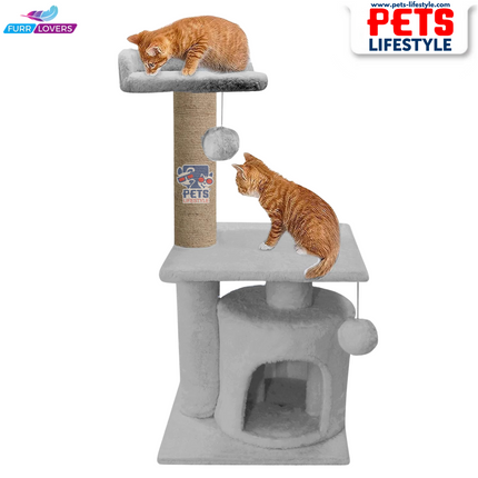 FURRLOVERS Soft Fur Activity Cat Tree – Two-Floor Tower with Natural Sisal Rope Scratching Posts (Height 33 Inch)