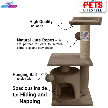 FURRLOVERS Soft Fur Activity Cat Tree – Two-Floor Tower with Natural Sisal Rope Scratching Posts (Height 33 Inch)