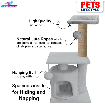 FURRLOVERS Soft Fur Activity Cat Tree – Two-Floor Tower with Natural Sisal Rope Scratching Posts (Height 33 Inch)