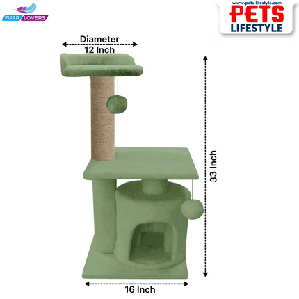FURRLOVERS Soft Fur Activity Cat Tree – Two-Floor Tower with Natural Sisal Rope Scratching Posts (Height 33 Inch)