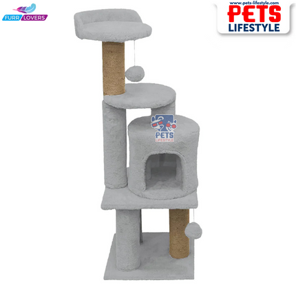Furrlovers Soft Fur Activity Cat Tree – Triple Platform Tower with Natural Jute Rope Scratching Posts (Height 43 Inch)