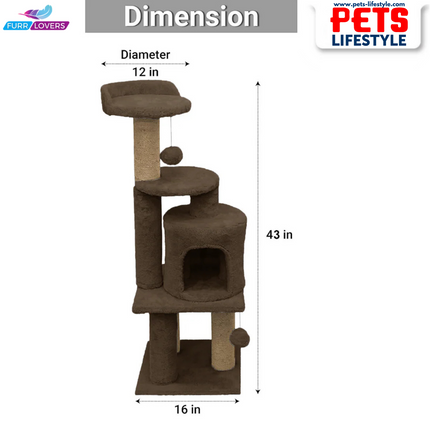 Furrlovers Soft Fur Activity Cat Tree – Triple Platform Tower with Natural Jute Rope Scratching Posts (Height 43 Inch)