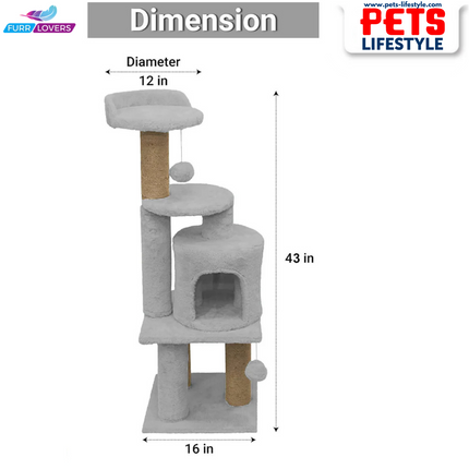 Furrlovers Soft Fur Activity Cat Tree – Triple Platform Tower with Natural Jute Rope Scratching Posts (Height 43 Inch)