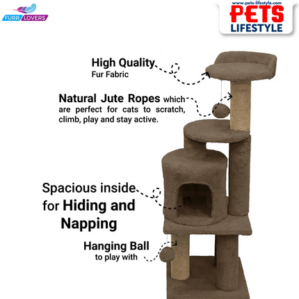 Furrlovers Soft Fur Activity Cat Tree – Triple Platform Tower with Natural Jute Rope Scratching Posts (Height 43 Inch)