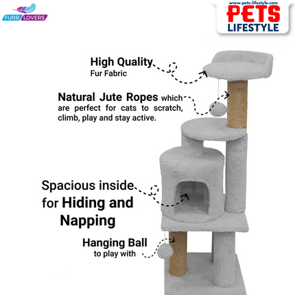 Furrlovers Soft Fur Activity Cat Tree – Triple Platform Tower with Natural Jute Rope Scratching Posts (Height 43 Inch)