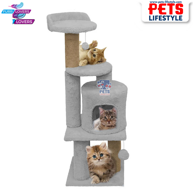 Canine Desk Soft Fur Activity Cat Tree – Triple Platform Tower with Natural Jute Rope Scratching Posts (Height 43 Inch)