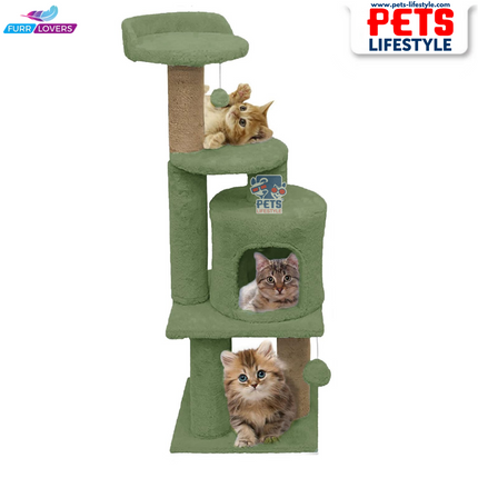Furrlovers Soft Fur Activity Cat Tree – Triple Platform Tower with Natural Jute Rope Scratching Posts (Height 43 Inch)