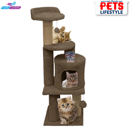 Furrlovers Soft Fur Activity Cat Tree – Triple Platform Tower with Natural Jute Rope Scratching Posts (Height 43 Inch)