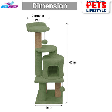 Furrlovers Soft Fur Activity Cat Tree – Triple Platform Tower with Natural Jute Rope Scratching Posts (Height 43 Inch)