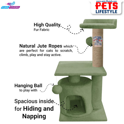 FURRLOVERS Soft Fur Activity Cat Tree – Two-Floor Tower with Natural Sisal Rope Scratching Posts (Height 33 Inch)