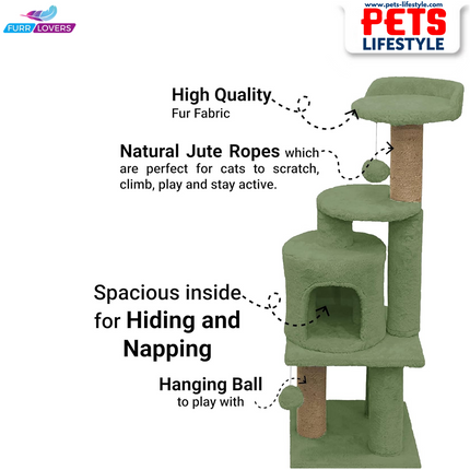 Furrlovers Soft Fur Activity Cat Tree – Triple Platform Tower with Natural Jute Rope Scratching Posts (Height 43 Inch)