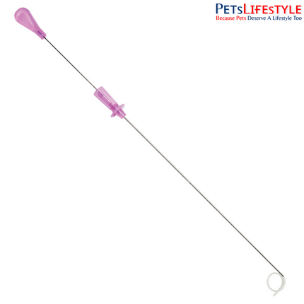 Feline urinary catheter 3Fr x 130cm (7 inch) length shown for veterinary clinical use
