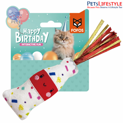 Fofos Birthday Drink plush cat toy with confetti print and crinkle tail