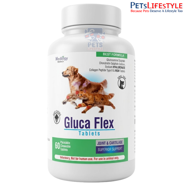 Gluca Flex Tablets for Dogs and Cats – 60 Palatable Chewable Joint & Cartilage Support Tablets by Medilogy Biotech | PetsLifestyle India