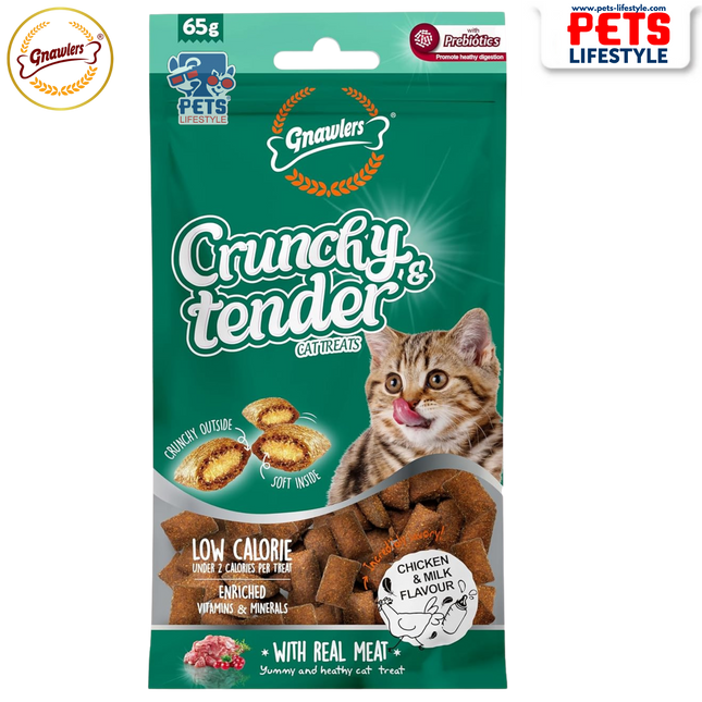 Gnawlers Crunchy & Tender Cat Treats – Chicken & Milk Flavour (65g)