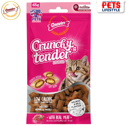 Gnawlers Crunchy & Tender Cat Treats – Salmon & Milk Flavour (65g)