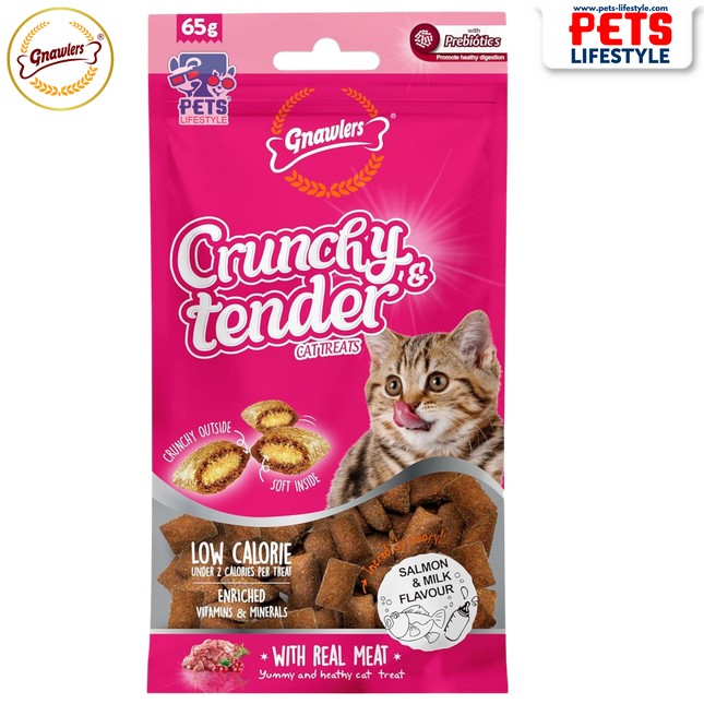 Gnawlers Crunchy & Tender Cat Treats – Salmon & Milk Flavour (65g)