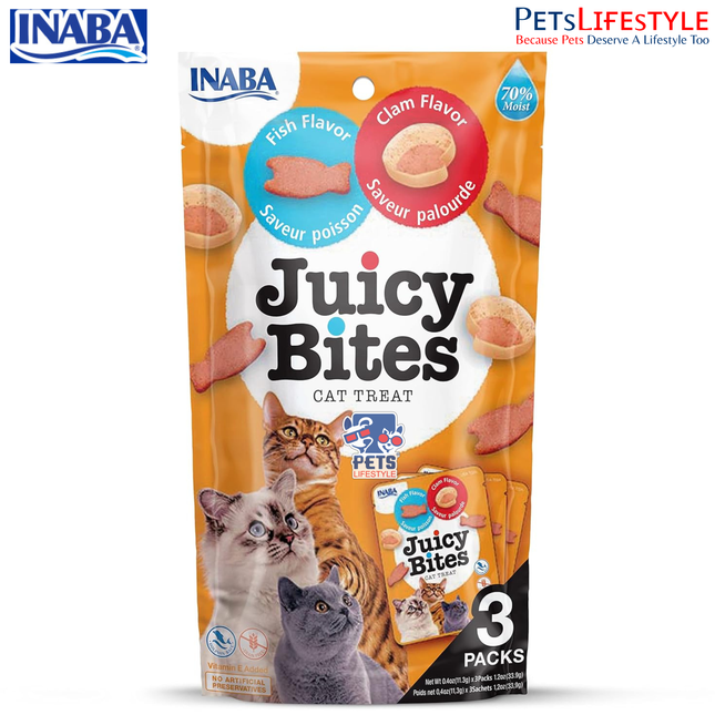 Inaba Juicy Bites Fish & Clam Flavor – Soft Moist Seafood Treats for Cats 33.9g