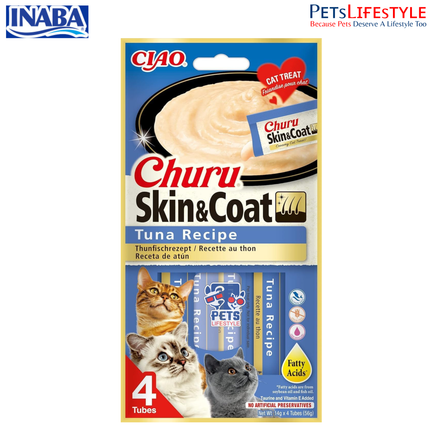 Inaba Churu Skin & Coat Tuna Recipe is a delicious, creamy lickable cat treat