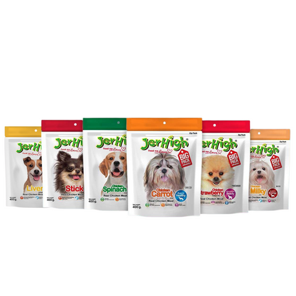JerHigh dog treats packaging with various flavors on a white background