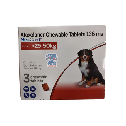 Nexgard Chewable Tablet | Kill Ticks | Fleas | Lice | 136mg | 25-50 kg Body Weight (1 Tab)