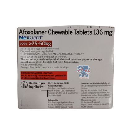 Nexgard Chewable Tablet | Kill Ticks | Fleas | Lice | 136mg | 25-50 kg Body Weight (1 Tab)