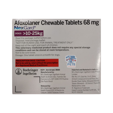 Nexgard Chewable Tablet | Kill Ticks | Fleas | Lice | 68mg | 10-25 kg Body Weight (1 Tab)