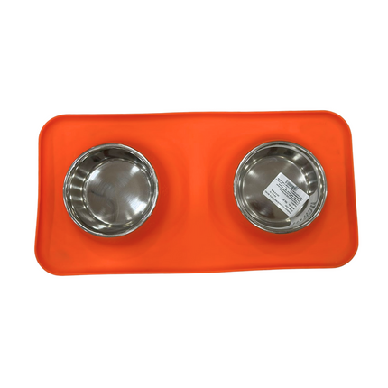 Silicon Single (S) Orange Color Mat With Double Bowl For Dogs