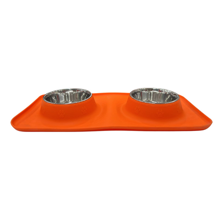 Silicon Single (S) Orange Color Mat With Double Bowl For Dogs