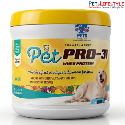 PetPro-31 dog whey protein powder ingredients and nutritional information label