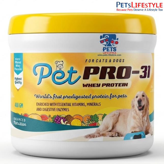 PetPro-31 whey protein powder for dogs, 400g tub, front label