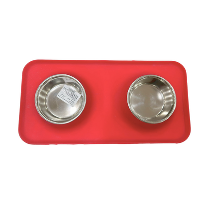 Silicon Single (L) Red Color Mat With Double Bowl For Dogs