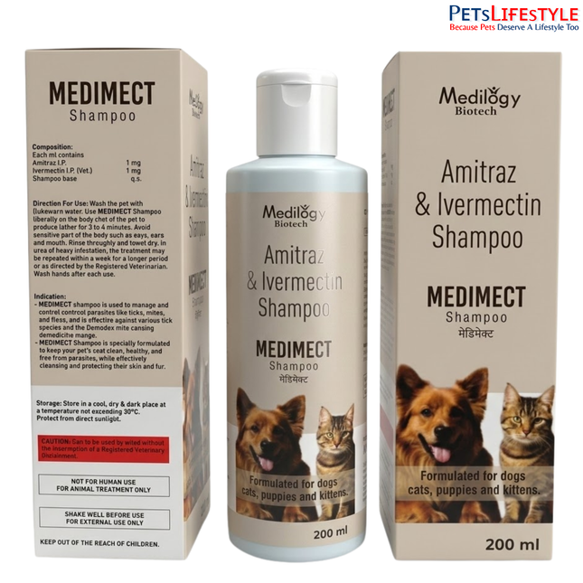 MEDILOGY Medimect Shampoo  Anti Tick & Flea Medicated Shampoo for Dogs & Cats – 200 ml