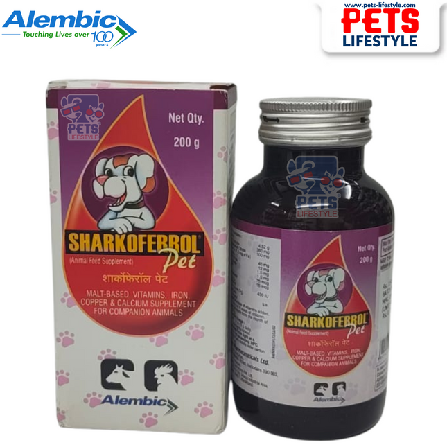 Alembic Sharoferrol Syrup (200ml) Iron , Calcium &  Vitamin Supplement for Dogs & Cats