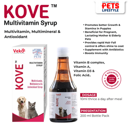 Veko Kove Multivitamin Syrup for Dogs & Cats (Immunity,Growth & Recovery Support) 200ml